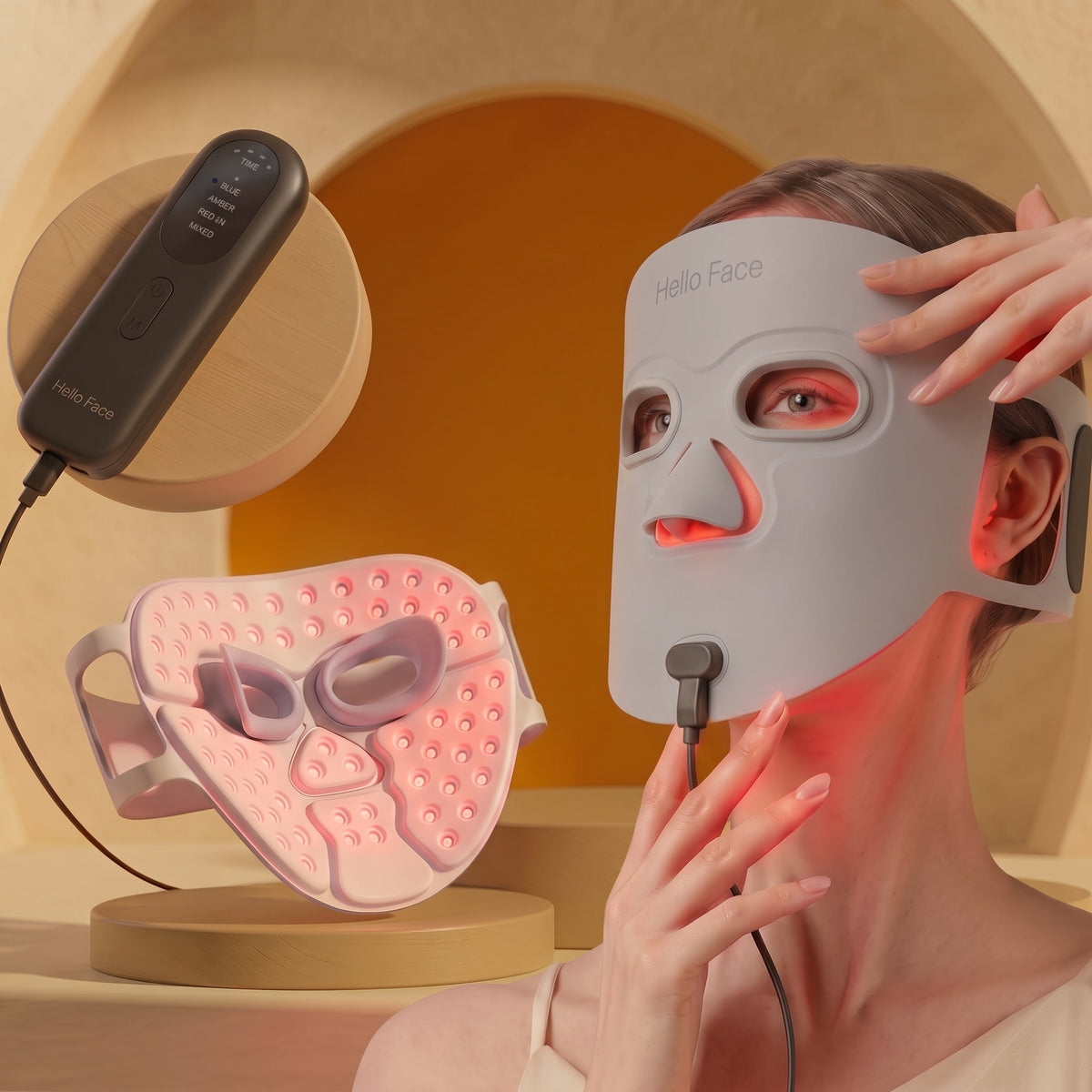 Woman relaxing with the Hello Face LED face mask in gray