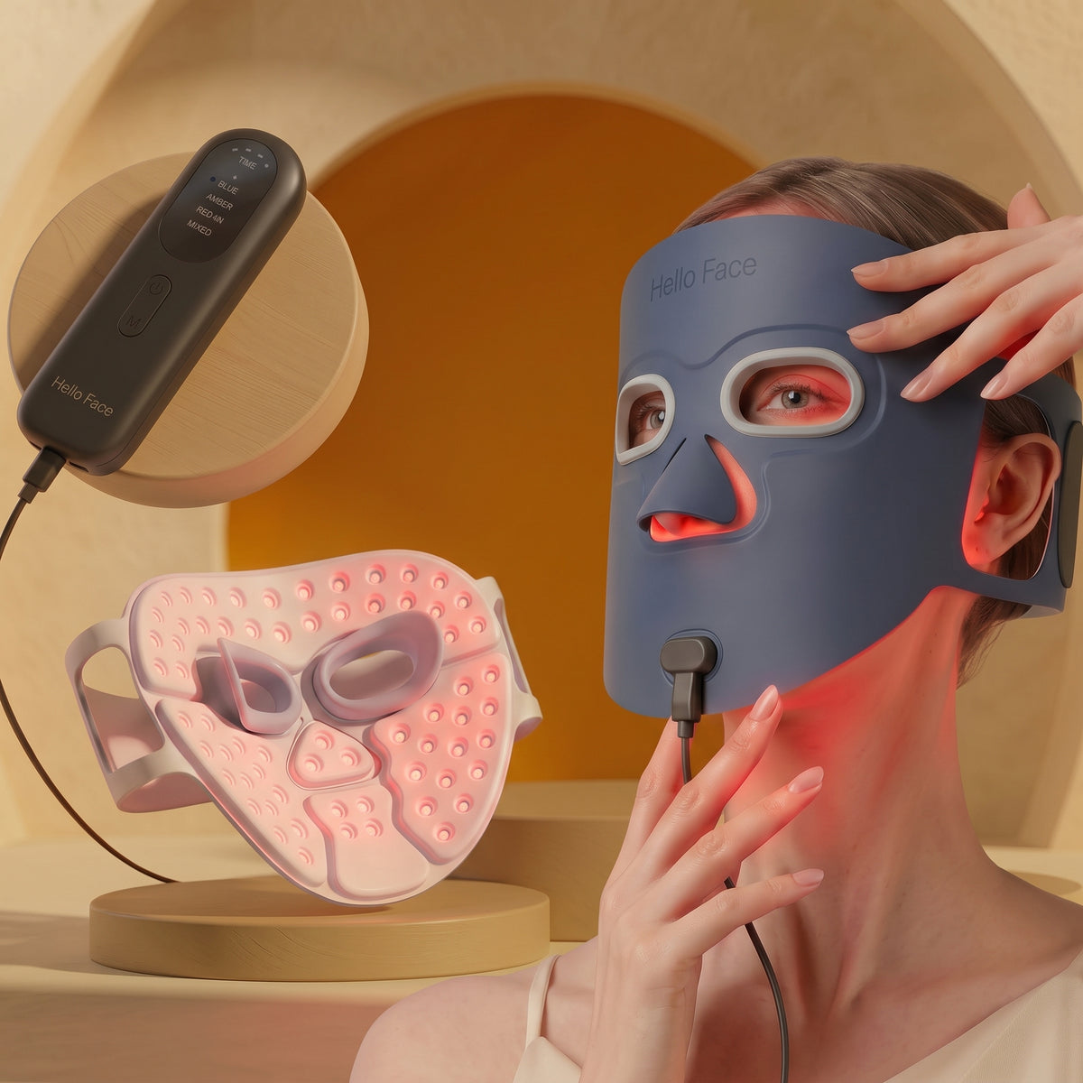 Woman relaxing with the Hello Face LED face mask in blue