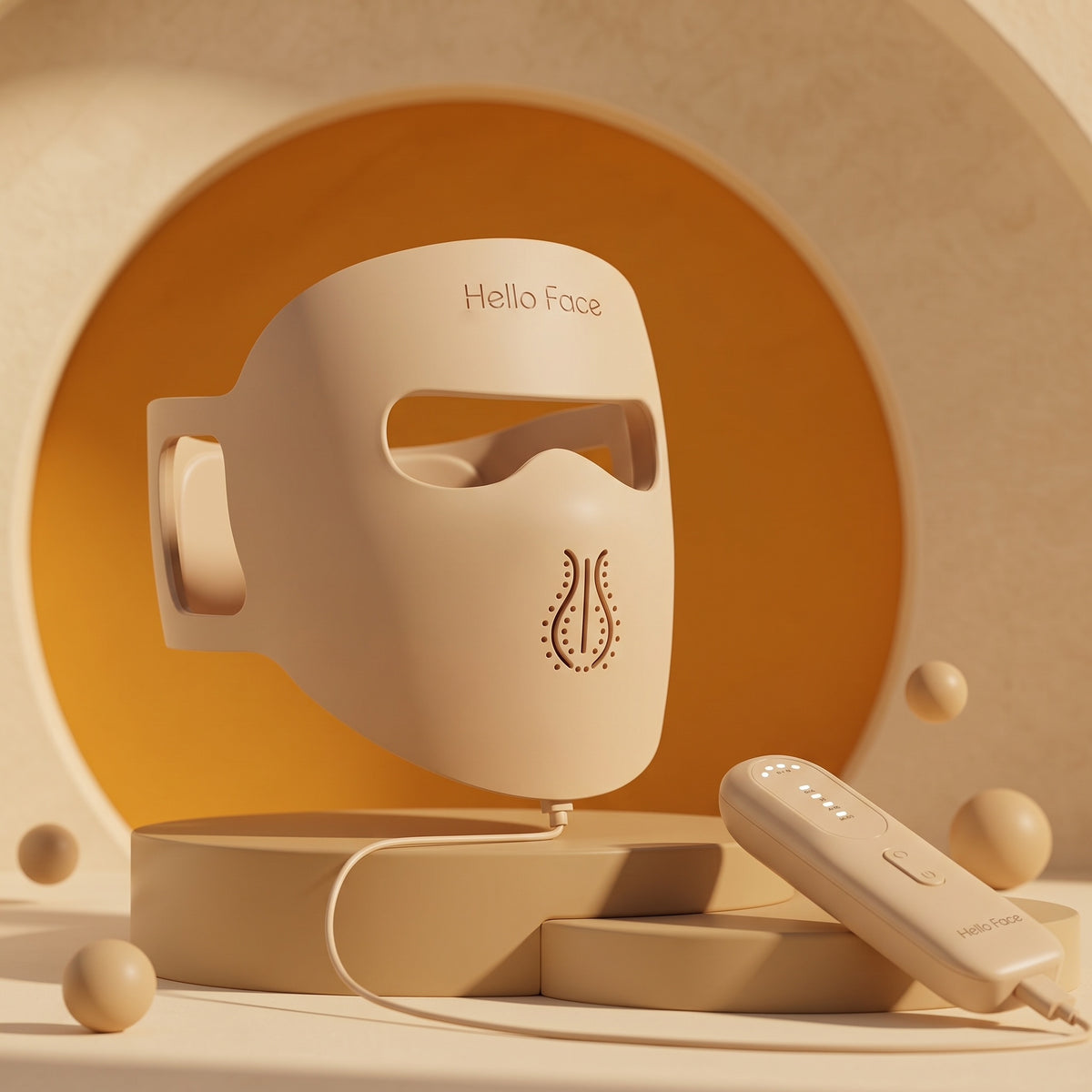Hello Face M300 beige silicone LED mask with handheld controller in a warm studio setting